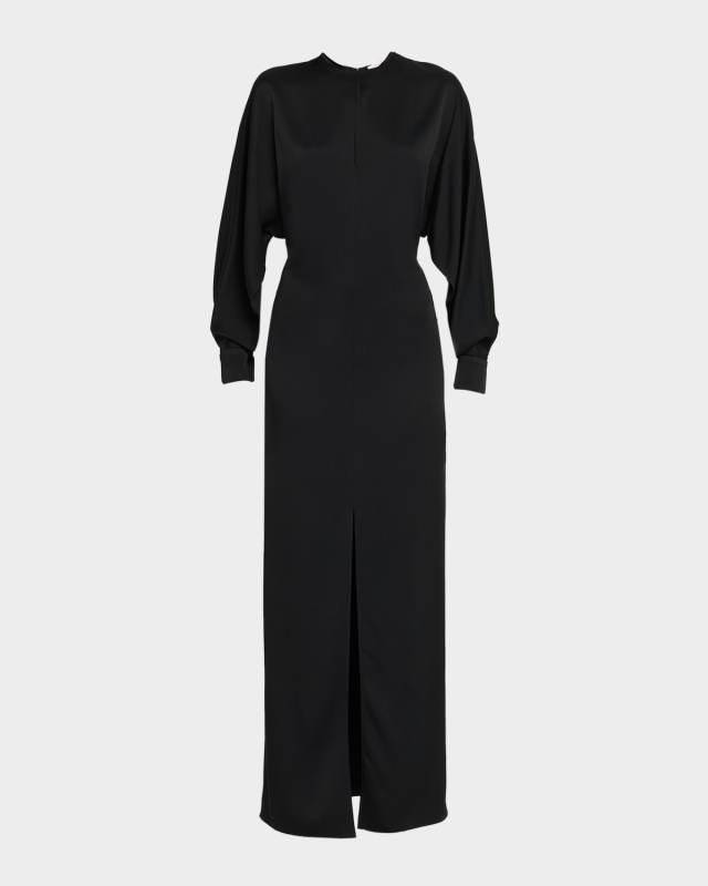 Slit Long-Sleeve Satin Gown